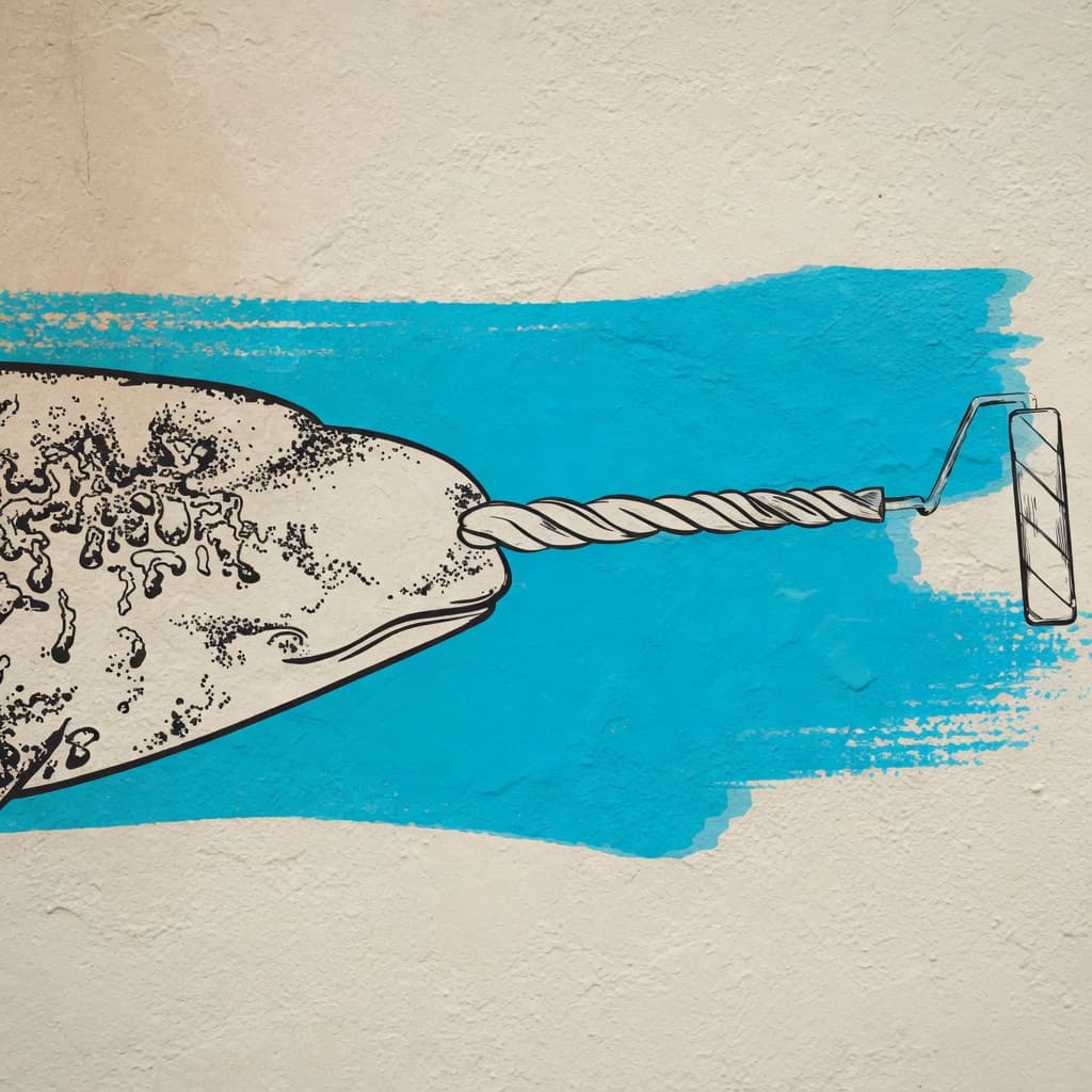 Close-up of the Gnarlywall narwhal head and paint roller
